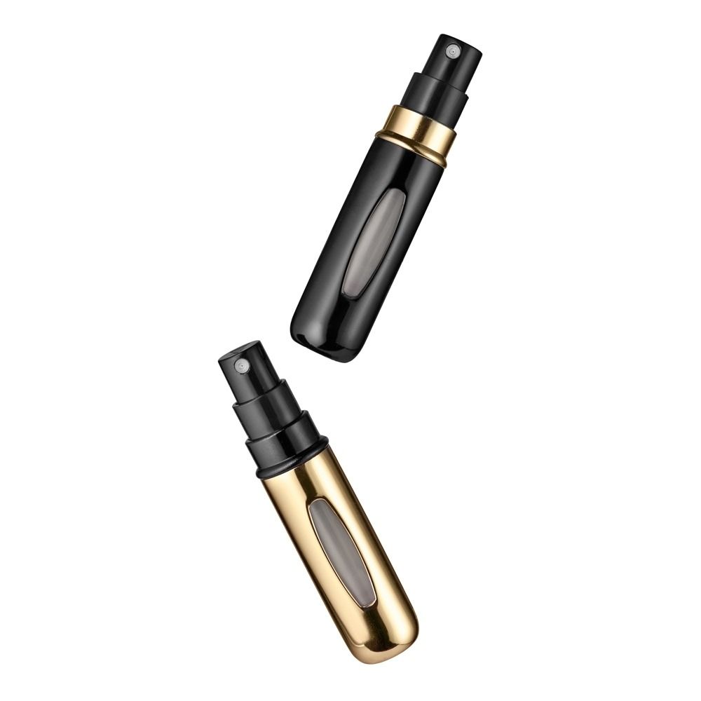 Zwei nachfüllbare Parfümzerstäuber in Schwarz und Gold mit Sichtfenster, ideal als Reise-Sprühflakon für Duft und Eau de Toilette