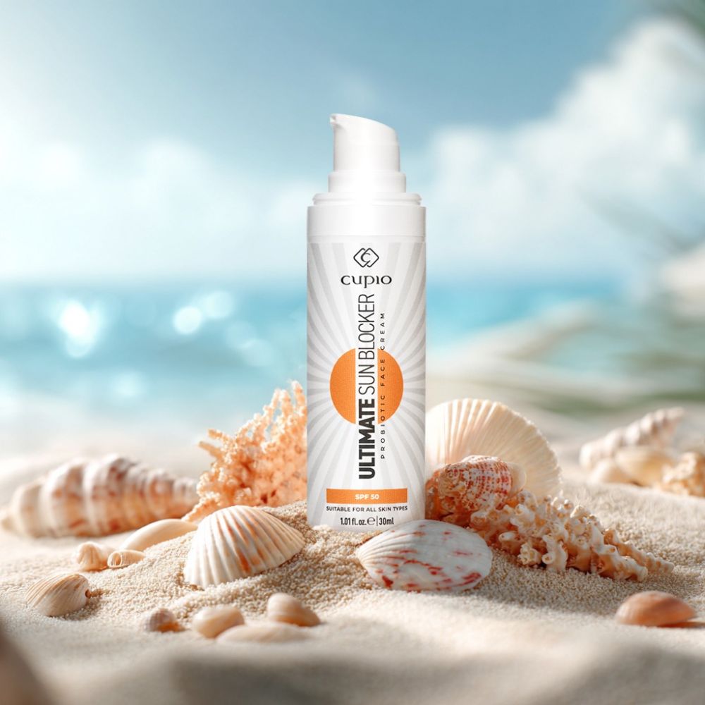 Cupio Ultimate Sun Blocker auf Sand mit Muscheln, Probiotische Gesichtscreme für alle Hauttypen, SPF 50
