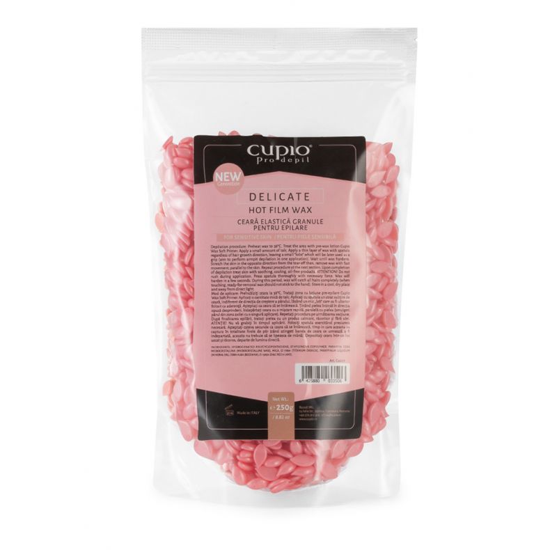 ceara_elastica_pentru_epilare_delicate_250g Verpackung von Cupio Delicate Hot Film Wax mit rosa Wachskristallen für die Haarentfernung