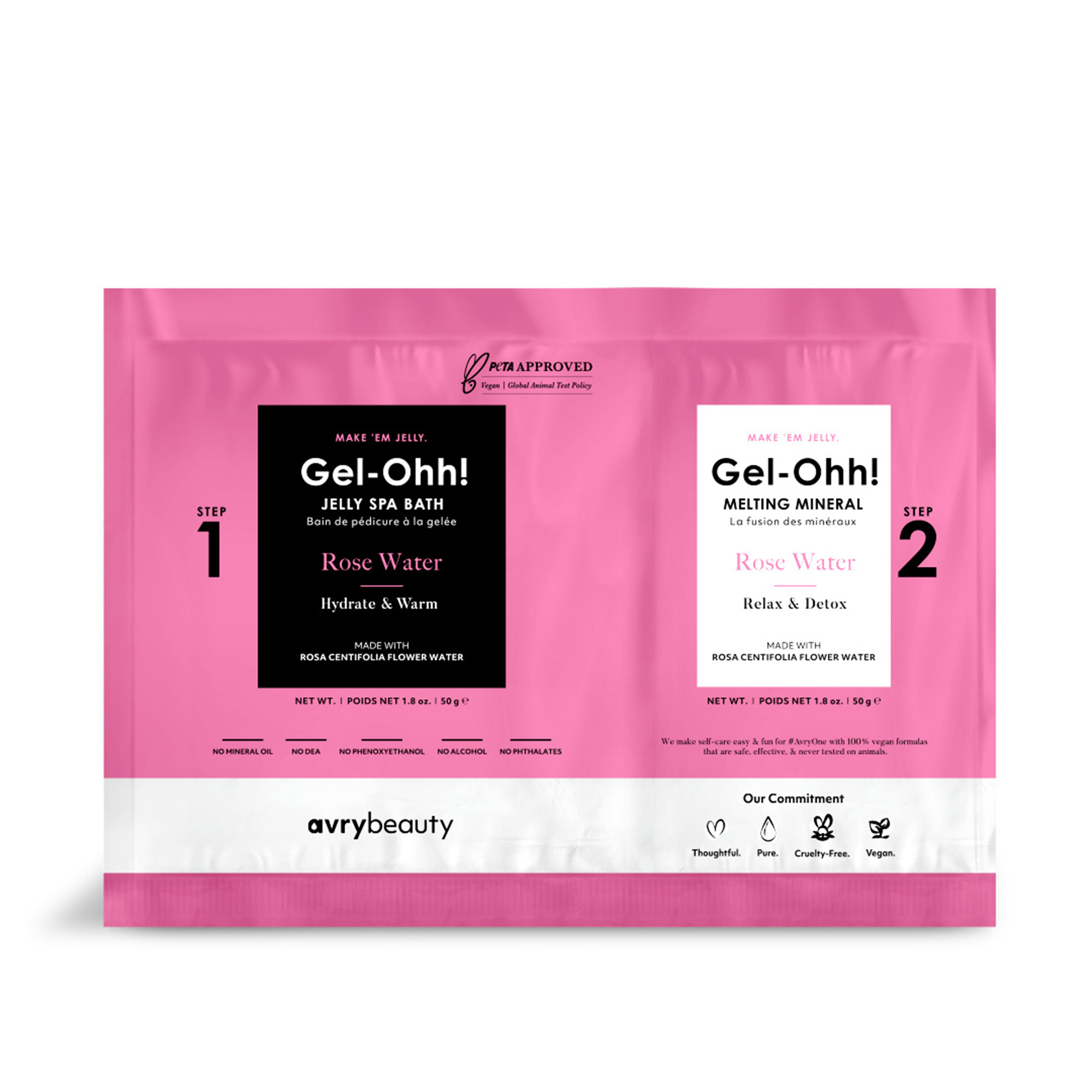 Rosa Produktbeutel von AvryBeauty Gel-Ohh! Rose Water mit Jelly Spa Bath und Melting Mineral für eine 2-Schritt-Pediküre