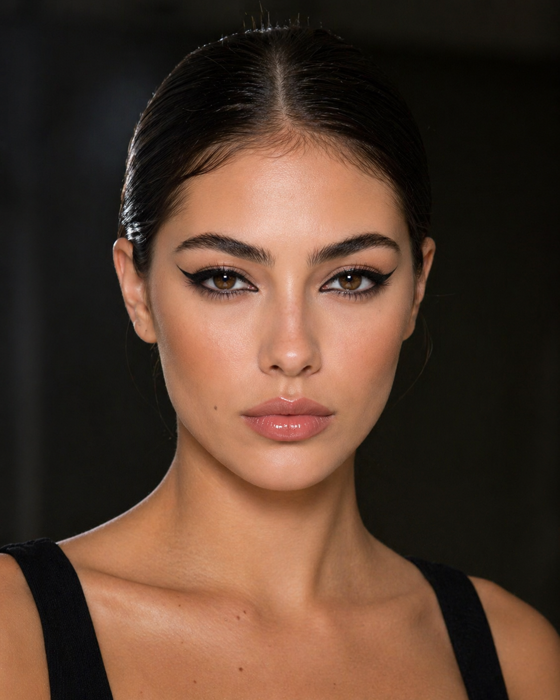Nahaufnahme einer Frau mit schwarzem Winged Eyeliner, ebenmäßigem Teint und glänzendem Nude-Lippenlook als Make-up-Inspiration