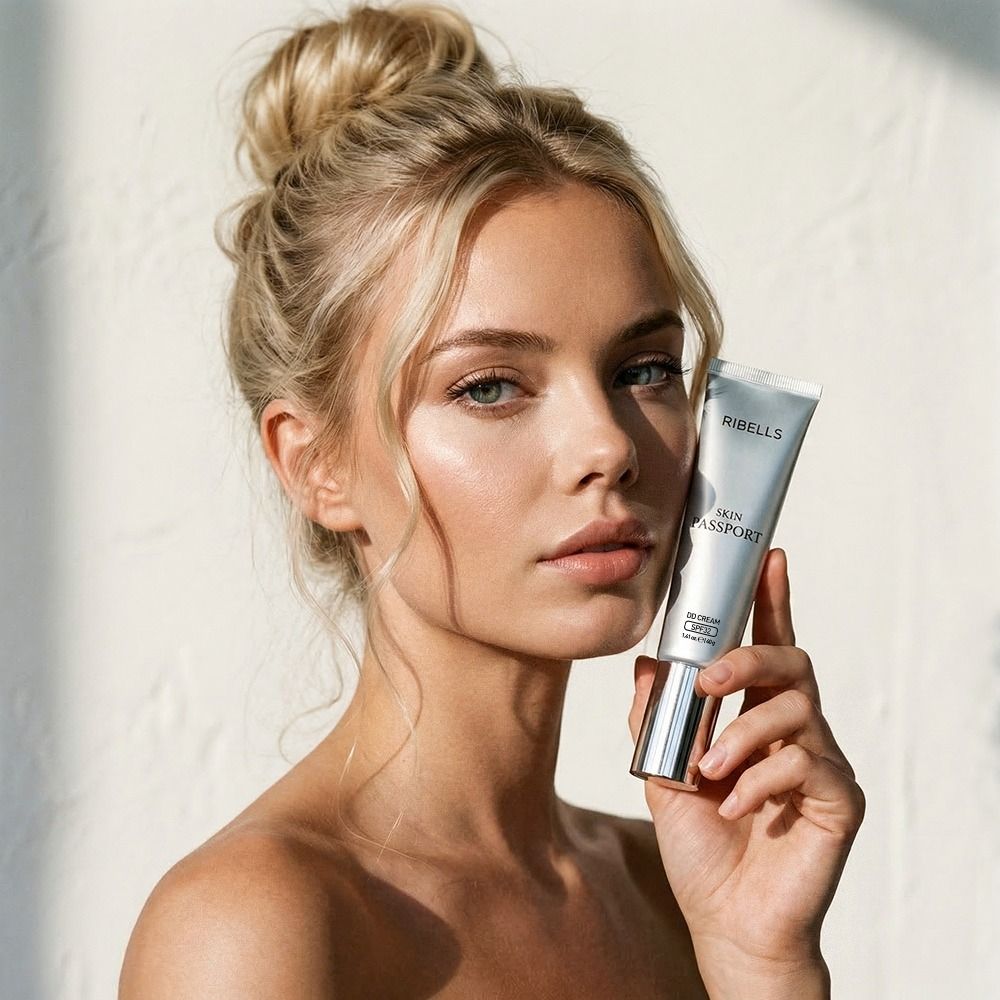 Frau mit makelloser Haut hält eine Tube RIBELLS Skin Passport CC Cream neben ihrem Gesicht