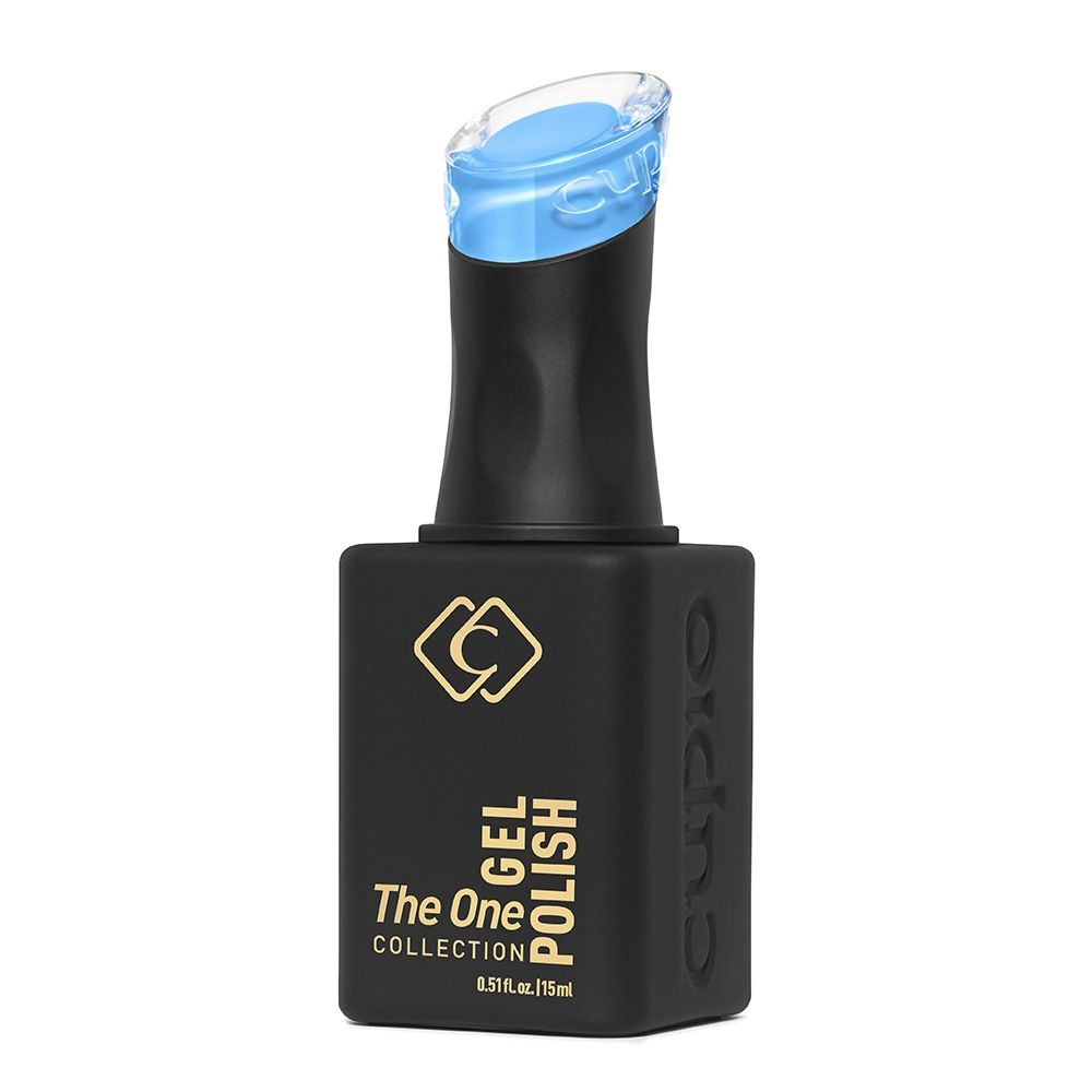 Schwarze Flasche Gellack Cupio The One Kobaltblau 15 ml mit blauer Farbkappe, hochpigmentiert, glitzerfrei und cremig für gleichmäßige UV-/LED-Maniküre.