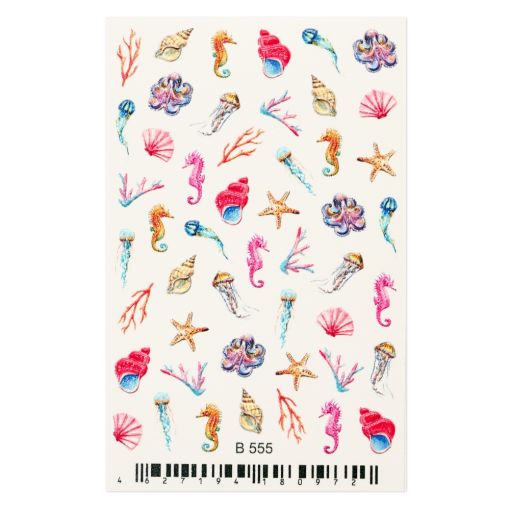 Aufkleber mit verschiedenen bunten Meeresmotiven wie Muscheln, Seepferdchen und Korallen