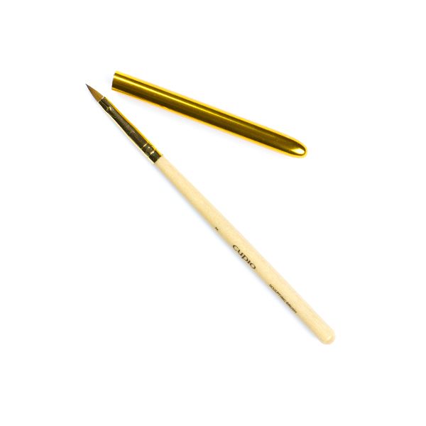 Präzisionspinsel mit goldenem Etui auf weißem Hintergrund