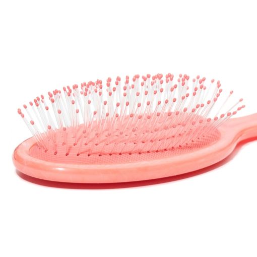 Rosa Haarbürste aus Kunststoff mit vielen feinen, flexiblen Borsten zum sanften Entwirren der Haare