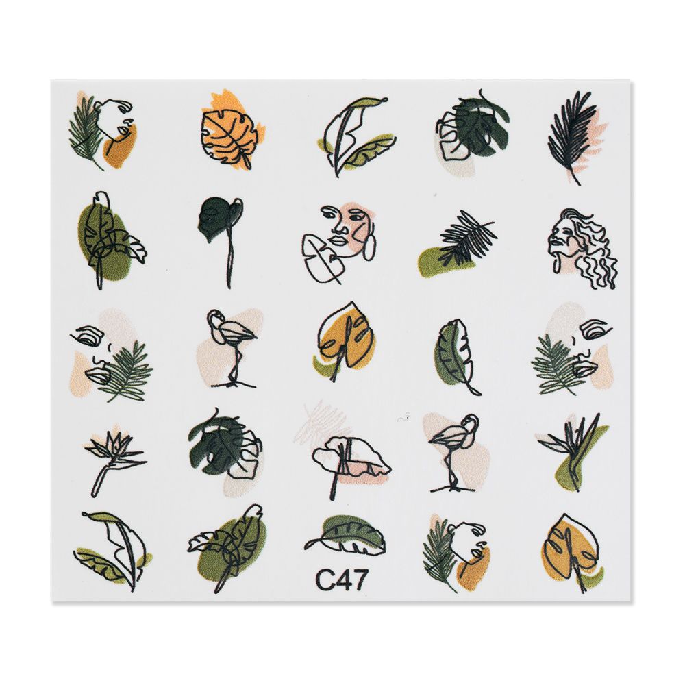 Musterfolie mit verschiedenen Pflanzen- und Gesichtsillustrationen in sanften Farben