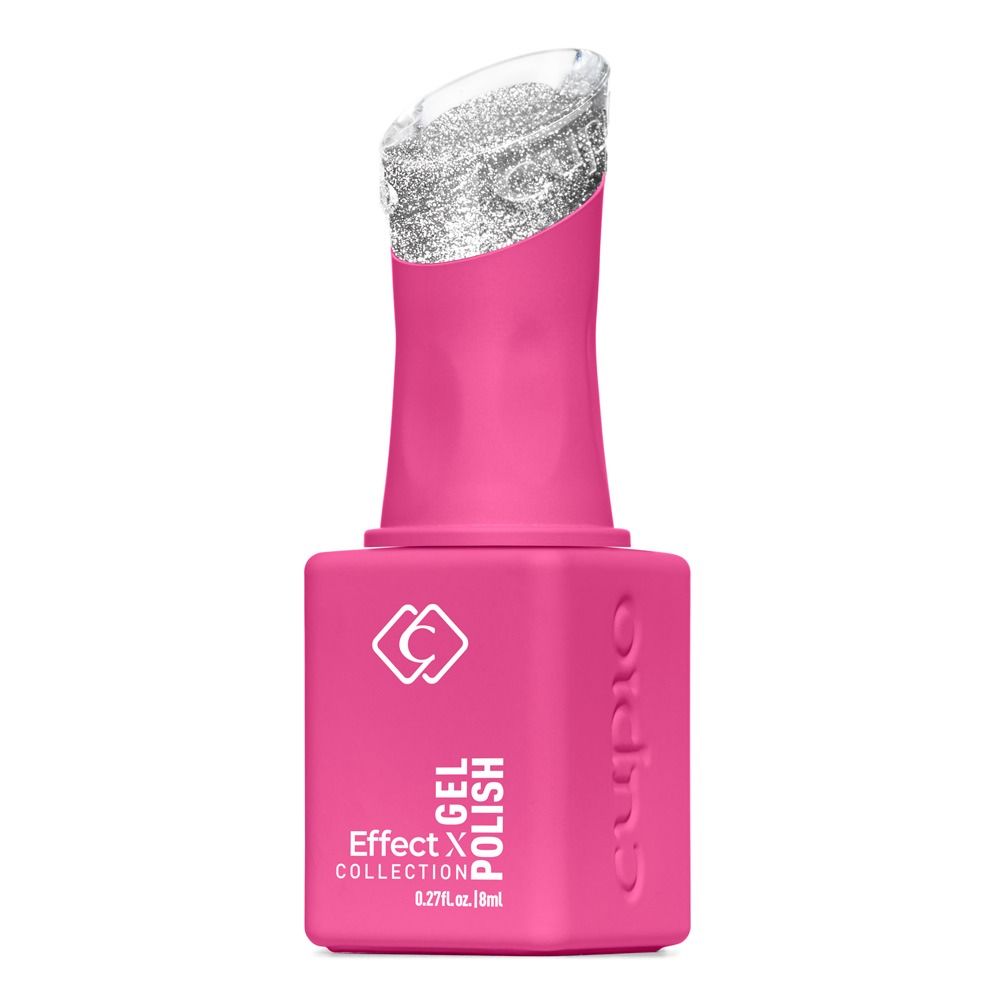 Pinke Flasche Claresa Effect Gel Polish mit silbernem Glitzer-Gel-Lack im geöffneten Flakon, 8 ml