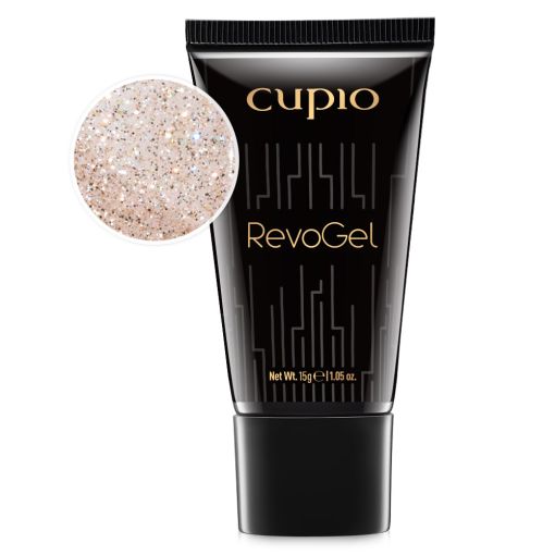 sandy_glow_c9755 Cupio RevoGel in einem schwarzen 15g-Tube mit glitzernder Textur