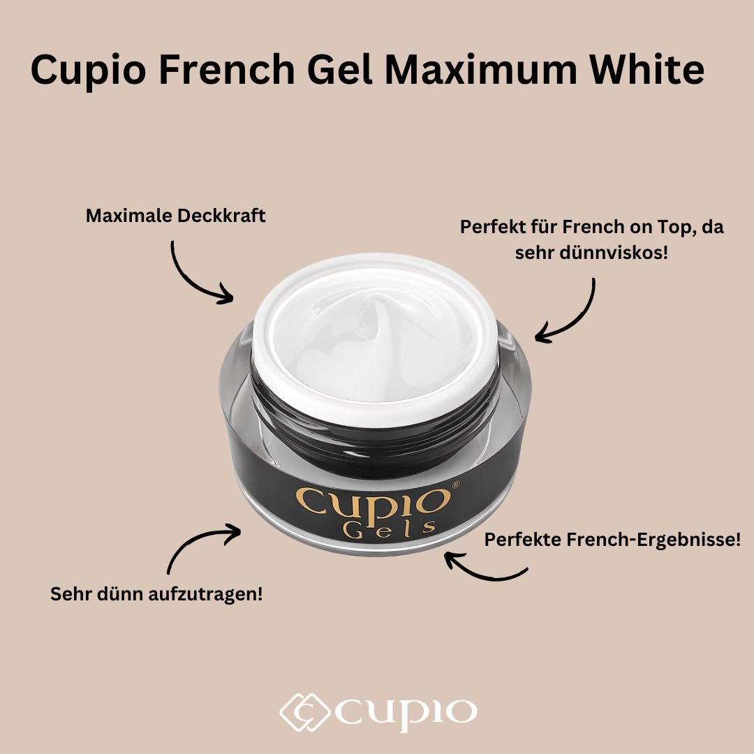 Cupio-French-Gel-Maximum-White Cupio French Gel Maximum White in der Verpackung, ideal für dünnflüssige Anwendung und French on Top.