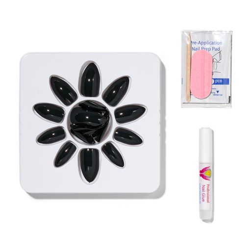 classic_black_c8354_c Set mit schwarzen künstlichen Nägeln, einem Vorbereitungs-Pad und Nagelkleber