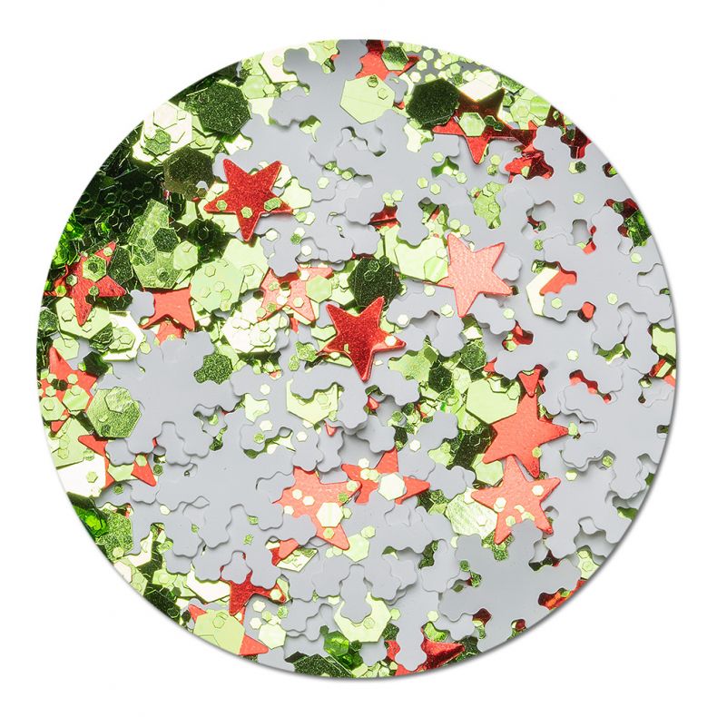 Bunte Glitzerpartikel in Form von Sternen und Schneeflocken in Rot und Grün