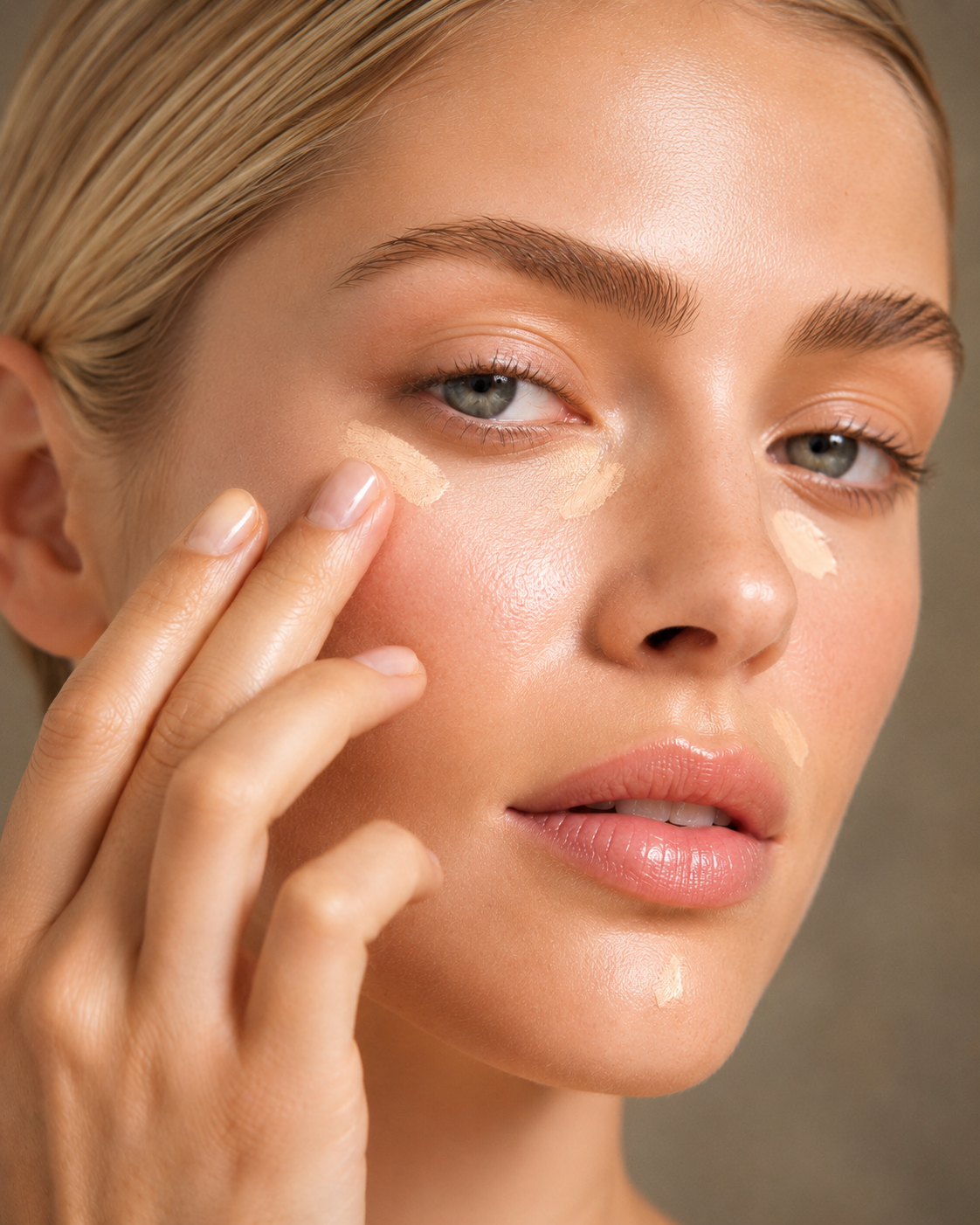 Nahaufnahme einer Frau, die Concealer und Foundation punktuell unter den Augen und im Gesicht aufträgt für einen ebenmäßigen, natürlichen Teint