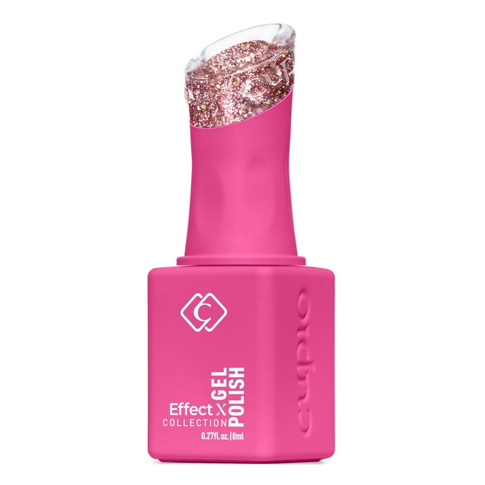 Produktbild von Claresa Effect Gel Polish: pinke Flasche mit roséfarbenem Glitter-Gel-Nagellack im geöffneten Pinselaufsatz, 8 ml