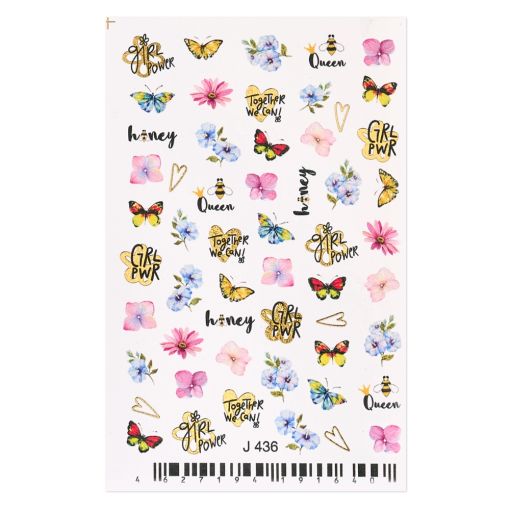 Bunter Stickerbogen mit Blumen, Schmetterlingen und Schriftzügen wie 'Girl Power' und 'Queen'