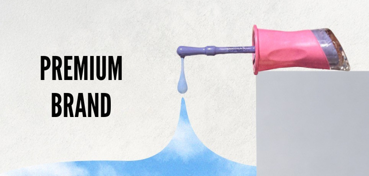 Illustration mit Nagellackpinsel und Tropfen neben dem Schriftzug Premium Brand, Symbol für hochwertige Nagellack-Marke