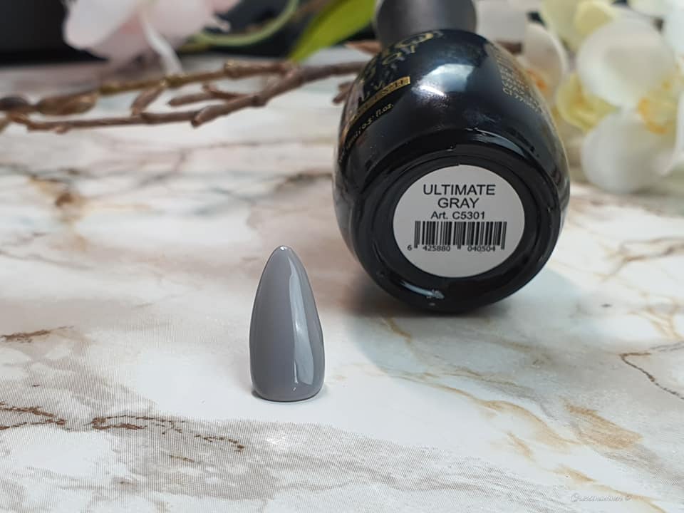 Nagellackflasche und grauer Probenagel in Ultimate Gray