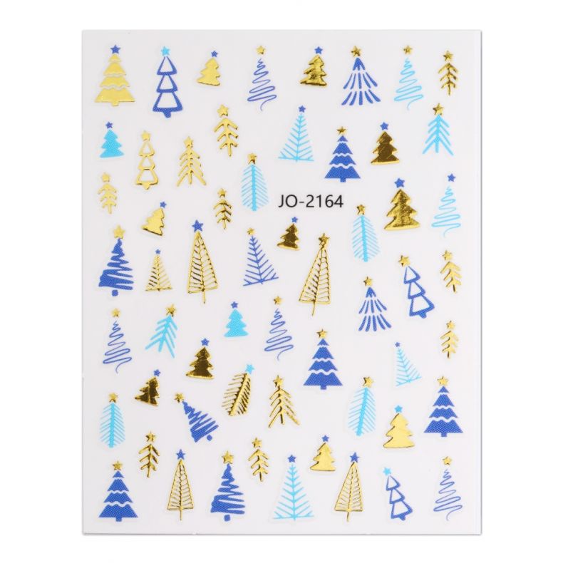 Festliche Weihnachtsaufkleber mit verschiedenen Baum-Designs in Gold, Blau und Türkis