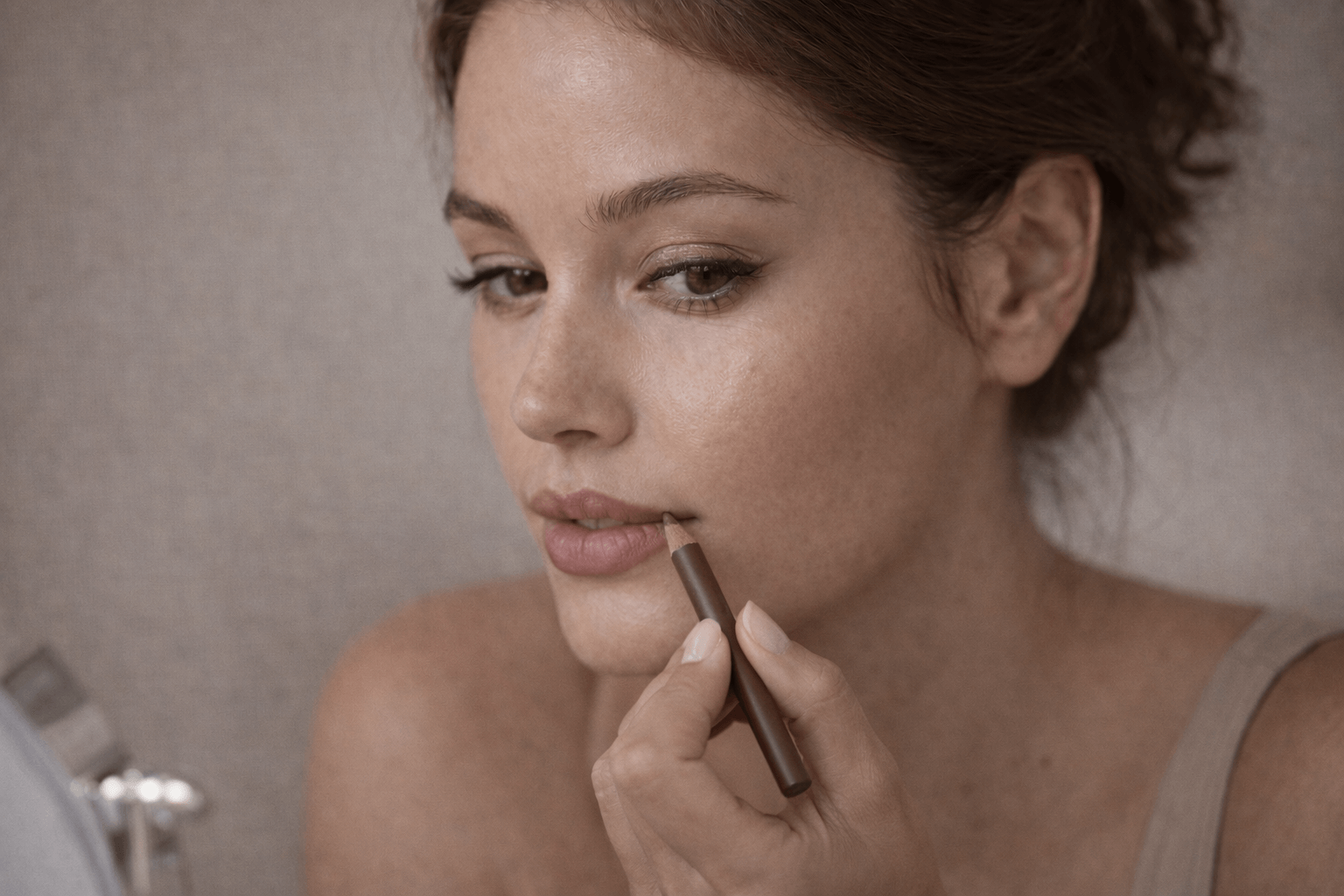 Nahaufnahme einer Frau beim Auftragen von Lippenkonturenstif