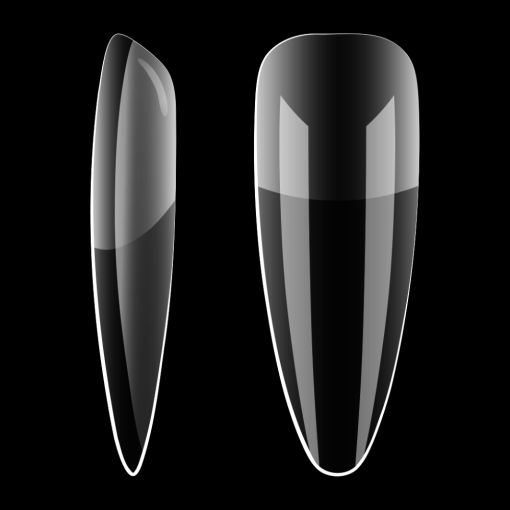 long_stiletto_c7648_c Zwei transparente, spitz zulaufende Nagelspitzen auf schwarzem Hintergrund