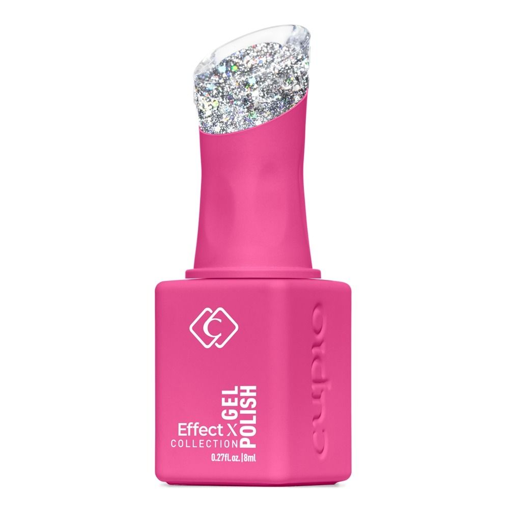 Produktbild von Claresa Effect Gel Polish, 8 ml, in pinker Flasche mit silbernem Glitzer-Gel im geöffneten Pinselhals