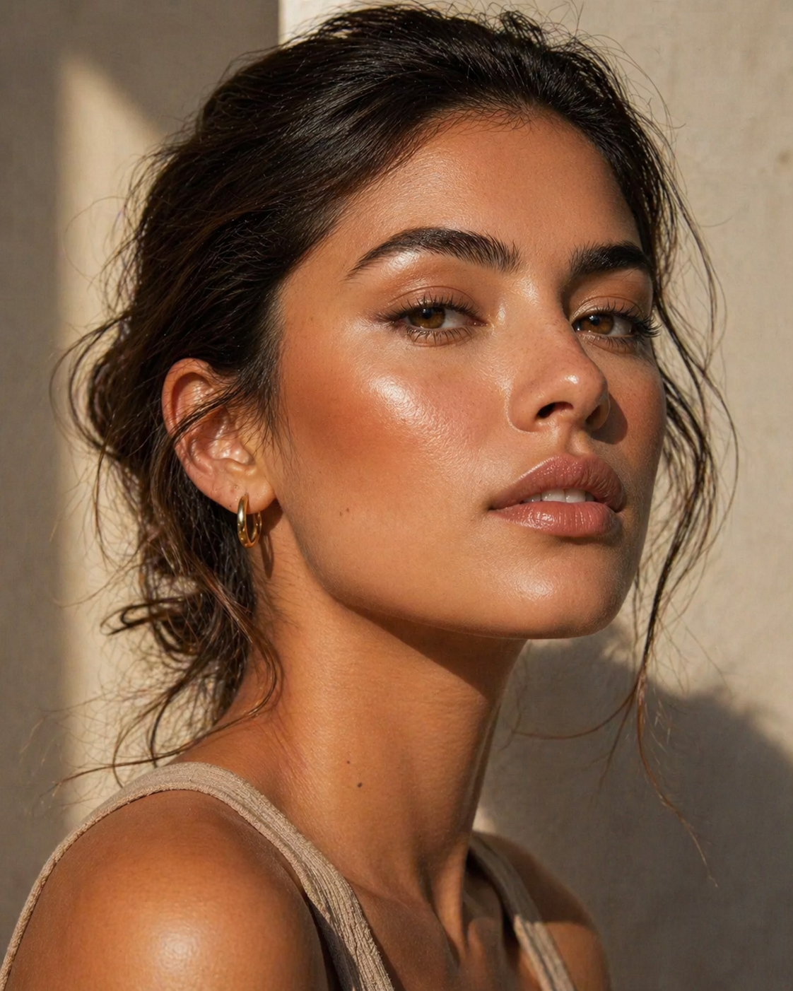 Nahaufnahme einer Frau mit glowy Haut, dezentem Make-up und goldenen Creolen als Beauty- und Schmuck-Inspiration