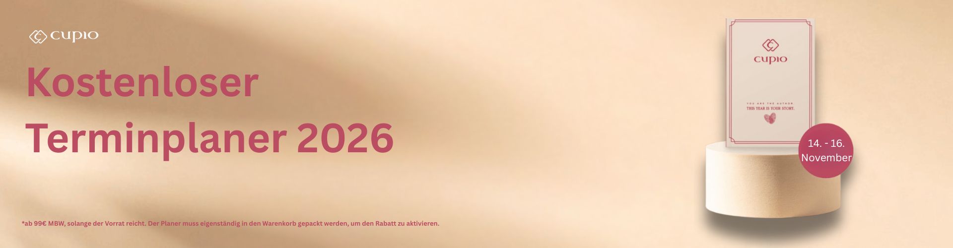 Cupio kostenloser Terminplaner 2026 auf Podest