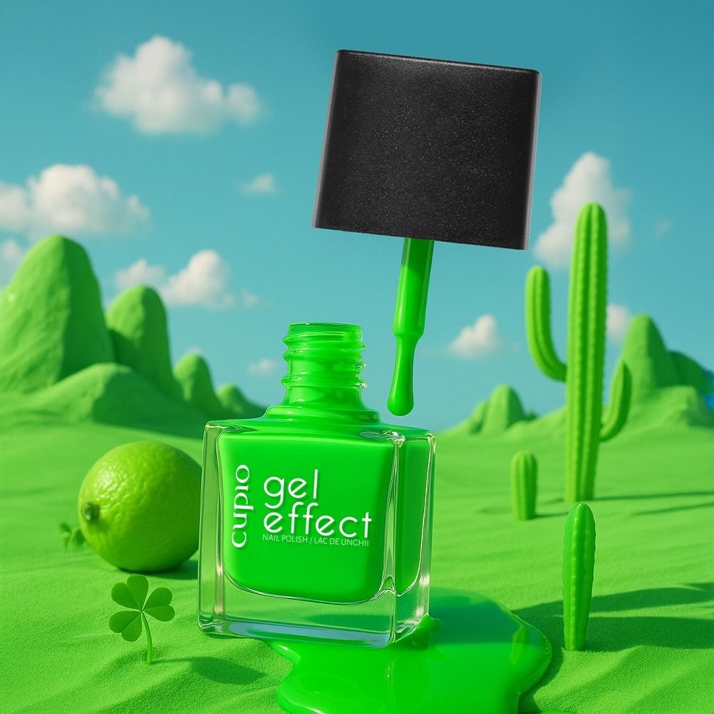 Flasche Cupio Gel Effect Nagellack in grün mit geöffnetem Pinsel und Limette