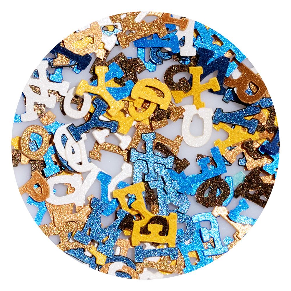 Vielfältige Glitzerbuchstaben in Blau, Gold, Weiß und Braun zum Dekorieren