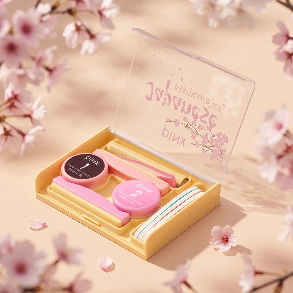 Offene PINX Stempelset-Box in Pastellgelb mit zwei rosa Stempelkissen, Stempel und Karten, dekoriert mit Kirschblüten im Hintergrund