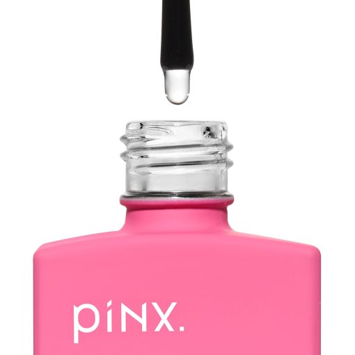Flasche mit pINX. Nagellack in Pink, Pinsel und Tropfen