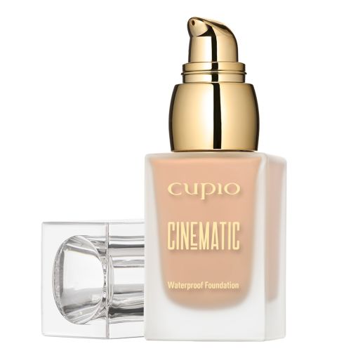 cinematic_shell_c7567_b-Kopie Glasflasche mit cupio Cinematic Waterproof Foundation in hellbrauner Farbe