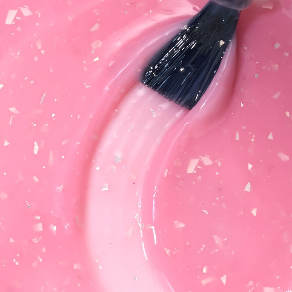 Pinsel in rosa Cupio Rubber Base Effect X Perfect Flakes Ballet Class 15ml mit schimmernden Glitter-Flakes, flexible selbstglättende Base für UV-Nagellack und Gel