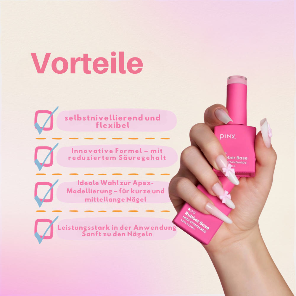 PinX Rubber Base in pink mit Vorteilen wie innovativer Formel und sanfter Anwendung für schöne Nägel