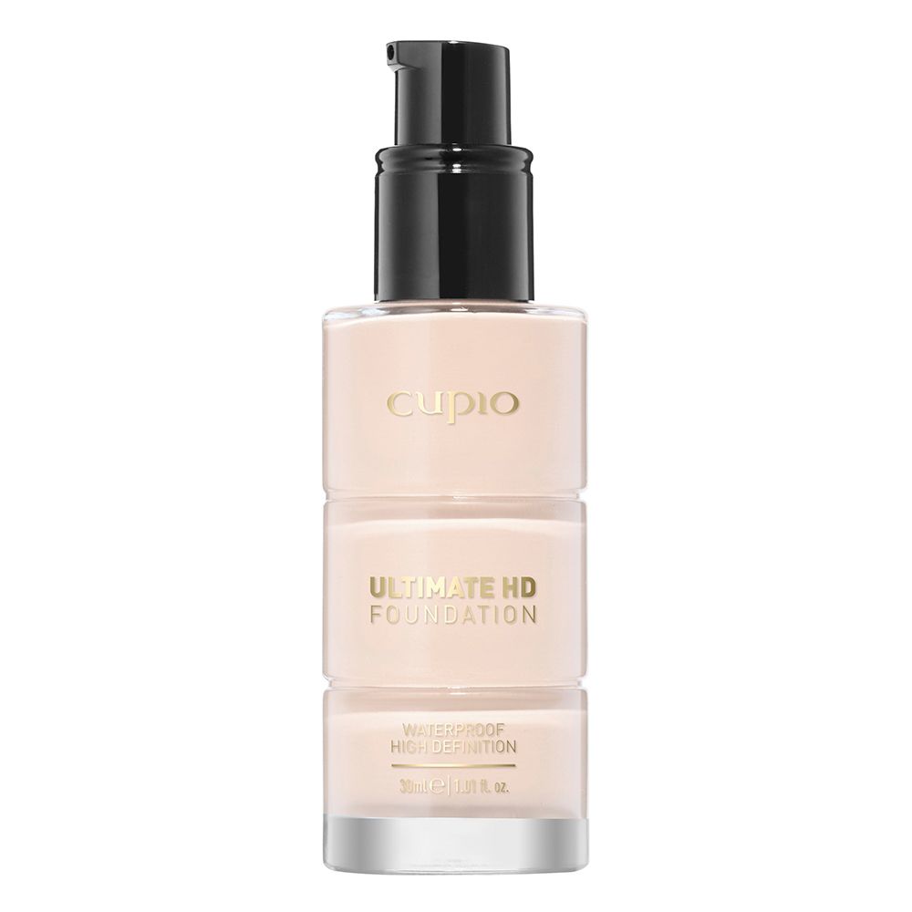 Abbildung der Cupio Ultimate HD Foundation: flüssiges Make-up in heller Nuance mit schwarzem Pumpspender, waterproof und High Definition, 30 ml