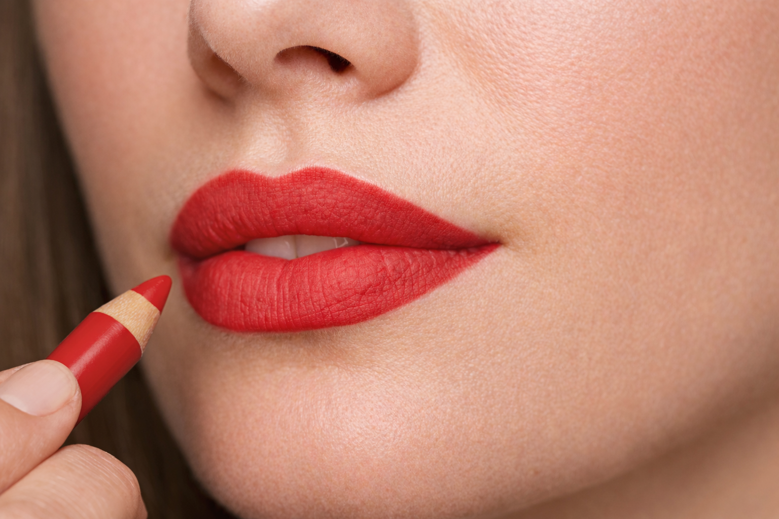 Nahaufnahme roter Lippenstift und definierte rote Lippen