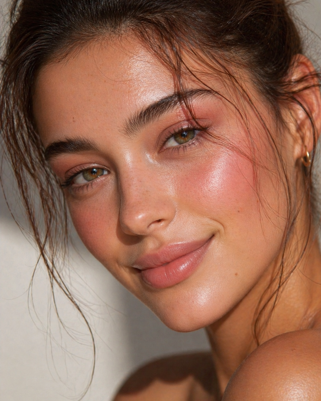 Nahaufnahme einer Frau mit glowy Teint, rosigen Wangen und natürlichem Make-up als Darstellung für Hautpflege oder Beauty-Produkt