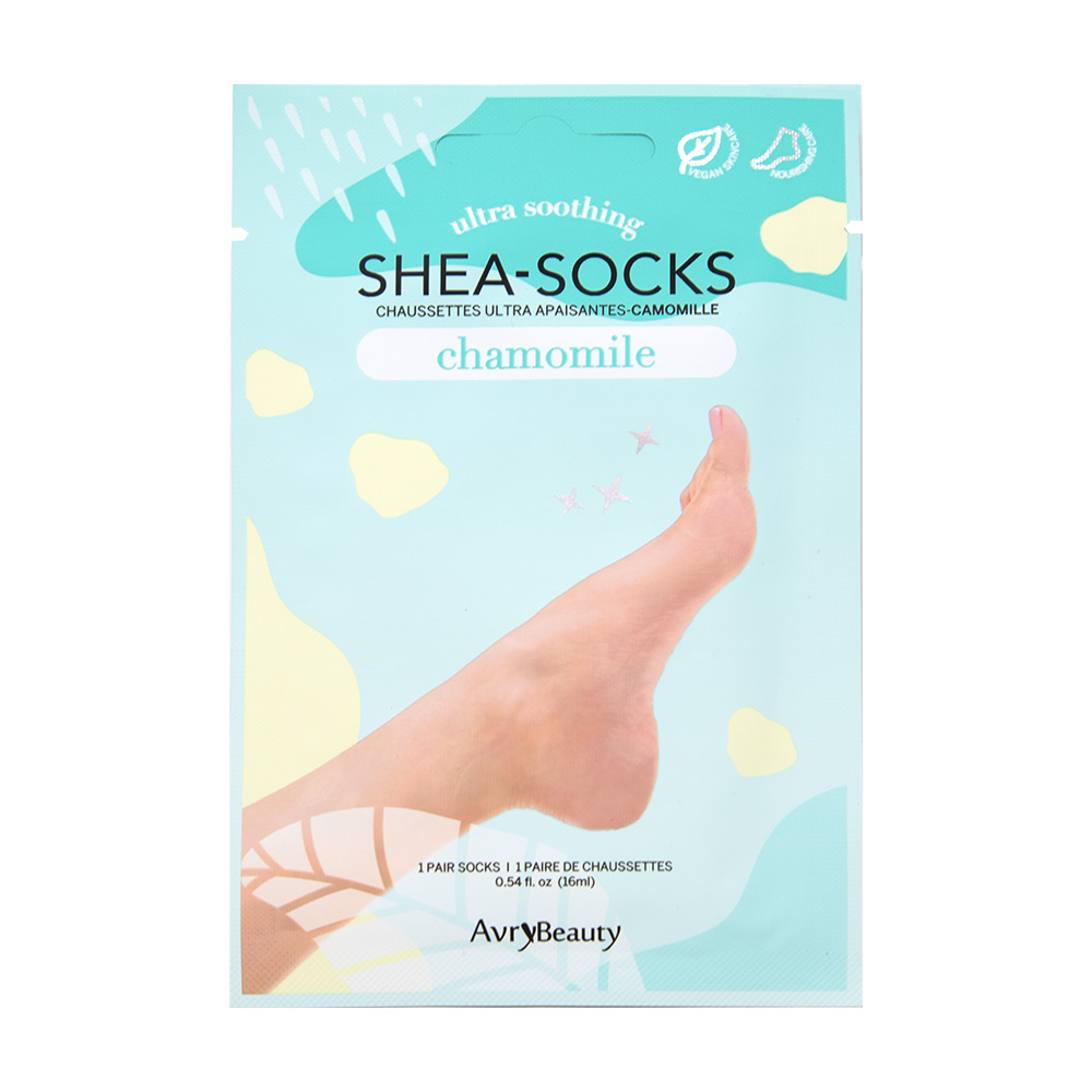 Verpackung der AvryBeauty Shea-Socks Chamomile, ultra beruhigende Fußmaske mit Sheabutter und Kamille