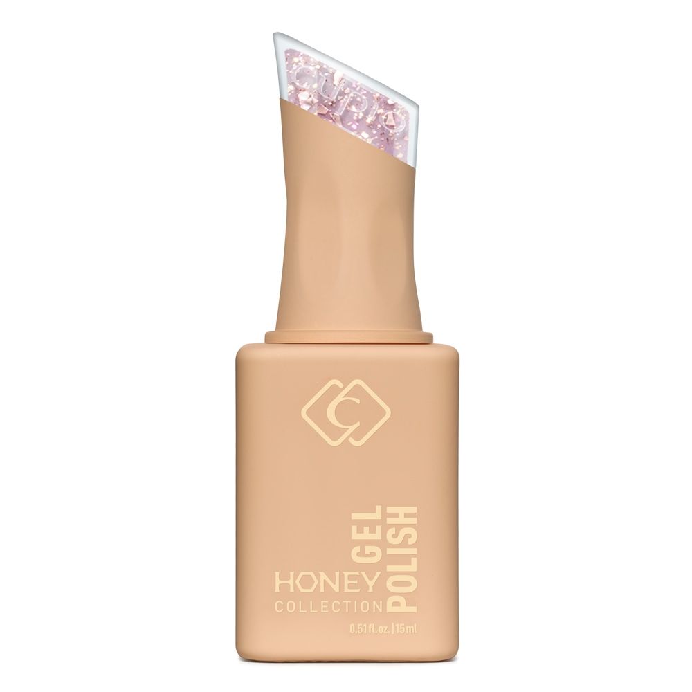 Produktbild der Honey Collection Gel Polish Flasche in Nude-Beige mit schräger, glitzernder Kappe vor weißem Hintergrund