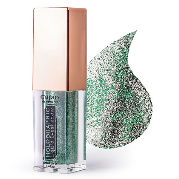 Holographischer Flüssig-Eyeliner in einem transparenten Behälter mit einem grünen Schimmer