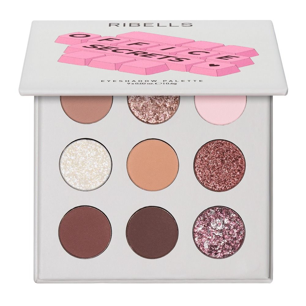 Geöffnete Ribells Office Secrets Eyeshadow Palette mit 9 Lidschatten in Rosé-, Nude- und Brauntönen sowie schimmernden und matten Finishes