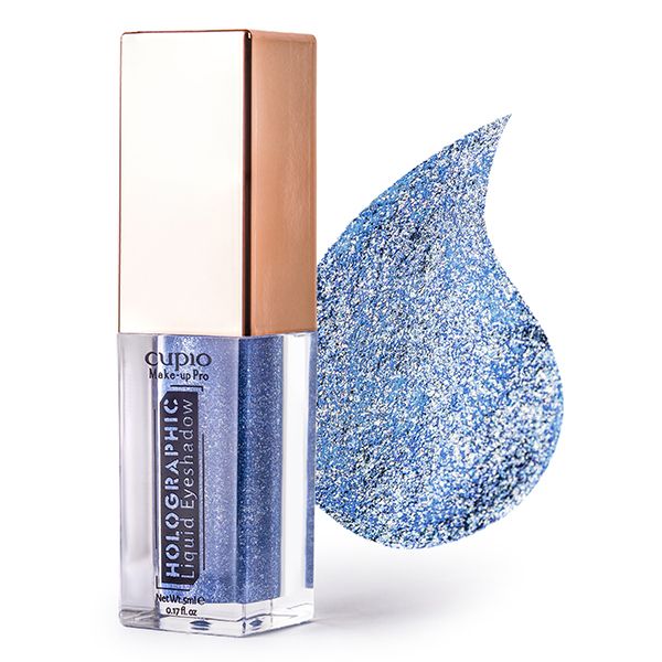 Flasche mit holografischem flüssigem Lidschatten in Blau und glitzernder blaue Farbe