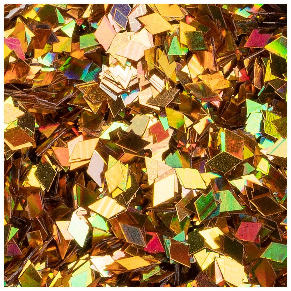 Funkelnde Glitzerpartikel in Gold und Regenbogenfarben, ideal für Dekoration und Kunsthandwerk.