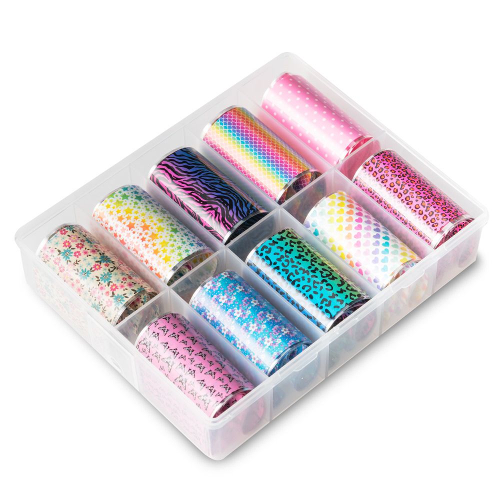 folie_de_transfer_set_10_sweet_childhood Washi Tape Set in einer transparente Box mit 12 verschiedenen dekorativen Klebebändern
