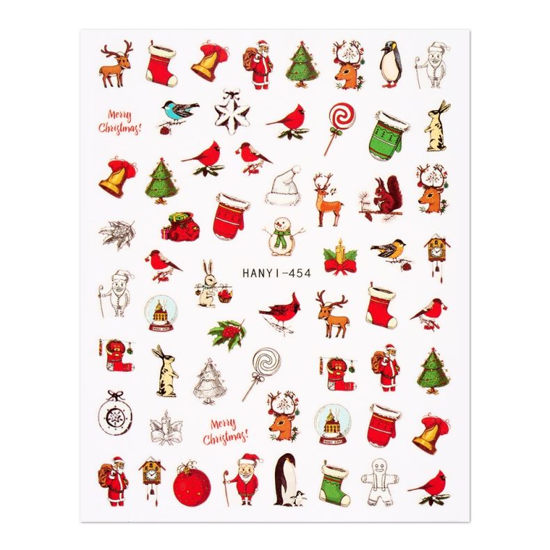 Bunte Weihnachtsaufkleber mit Rentieren, Weihnachtsmännern, Geschenken und Schneemännern.