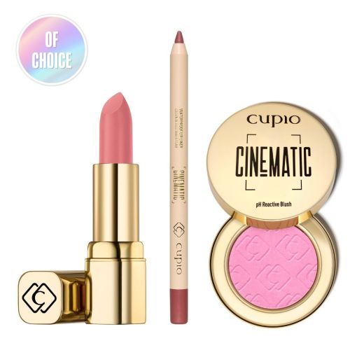 Set Hollywood Glow Trio Cupio Cinematic Makeup Set mit einem rosa Lippenstift, einem Konturenstift und einem rosa Rouge.
