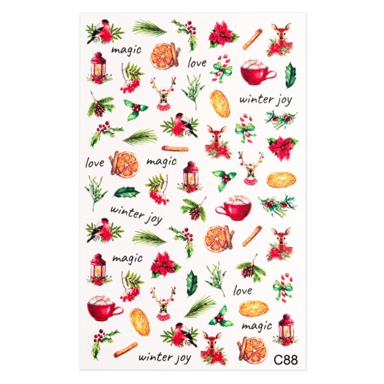 Aufkleber mit winterlichen Motiven wie Tannenzweigen, Weihnachtsdekoration und Sprüchen