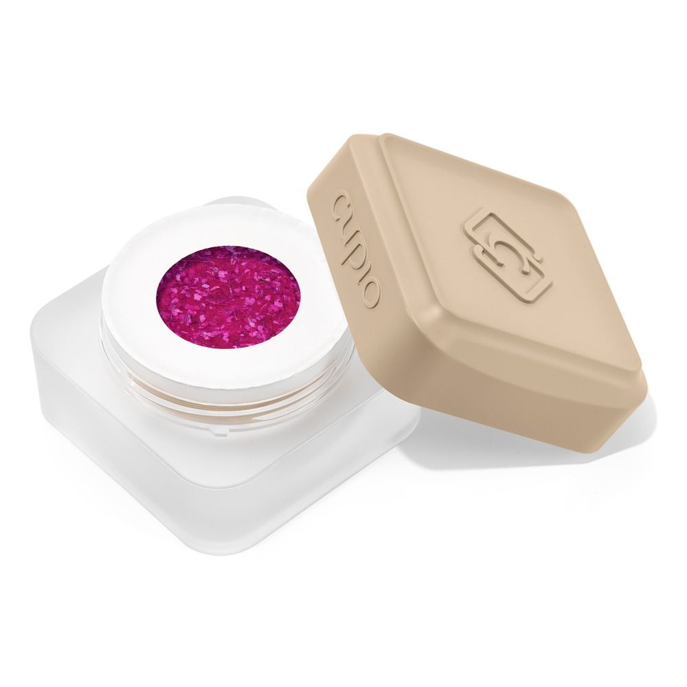 Produktbild eines offenen CND Tiegels mit pinkem Glitzer-Gel oder Nail-Art-Puder sowie beigem Deckel auf weißem Hintergrund
