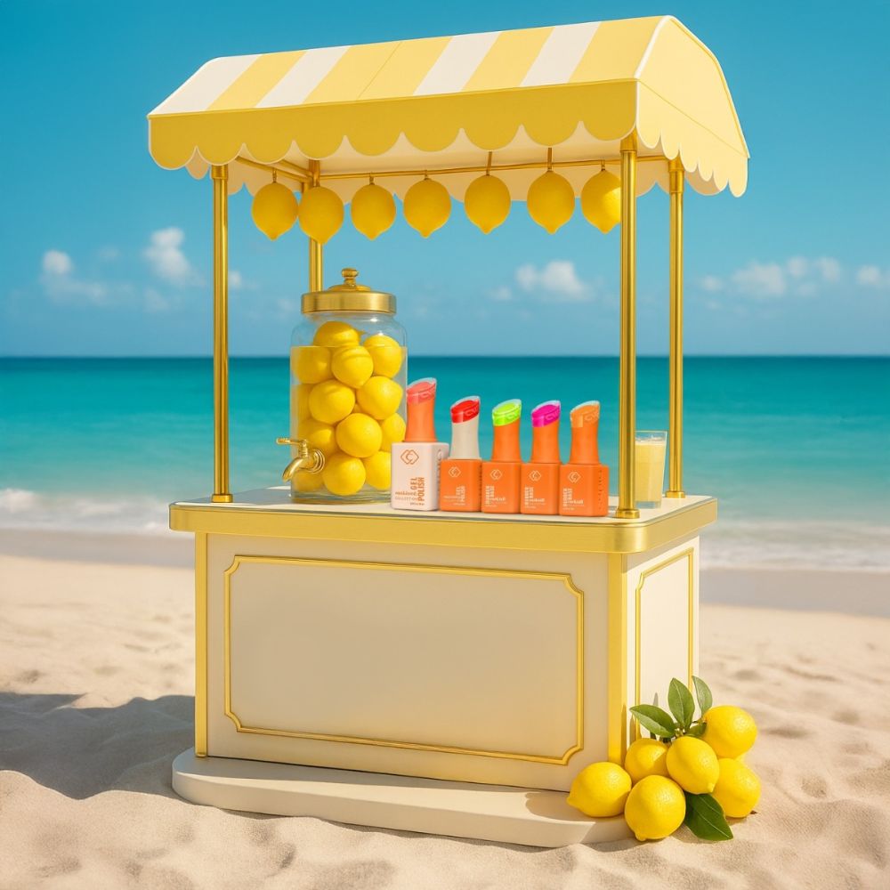 Rubber Base Cocktail Collection Bloody Mary 8 ml als sommerliche Produktinszenierung am Strandstand mit Zitronen, leuchtenden Neonfarben und frischem Cocktail-Vibe