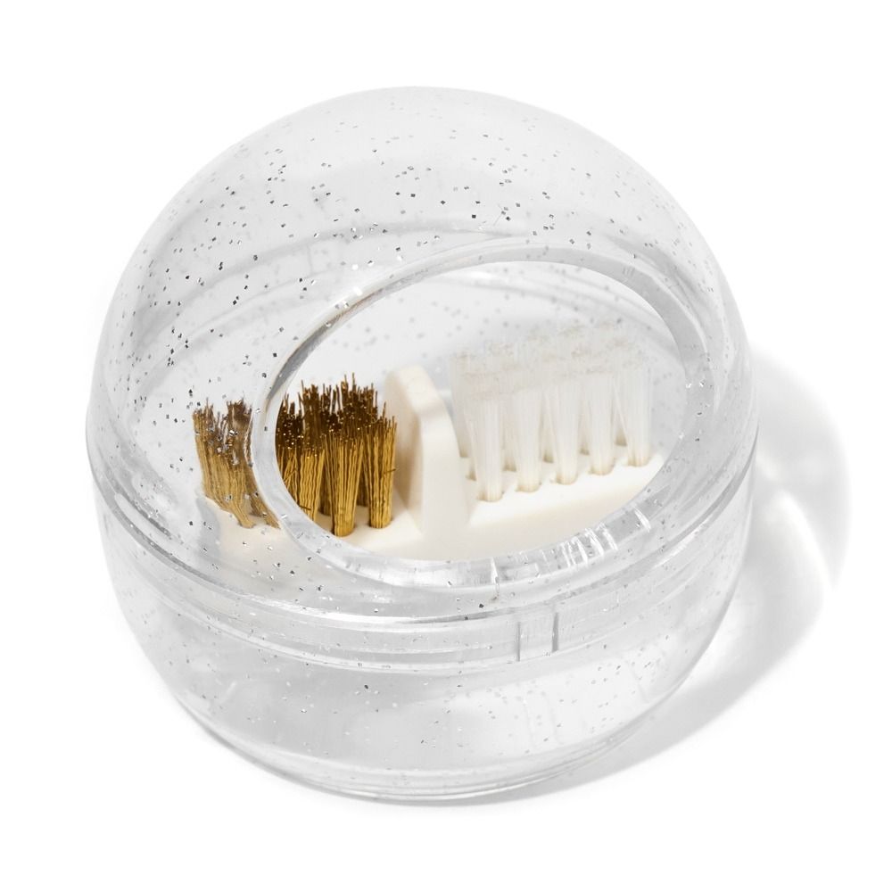 Transparente Fräserkopf-Reinigungsbürste mit getrennten Plexi- und Metallborsten, selbstklebend zur Reinigung von Bit- und Fräseraufsätzen elektrischer Nagelfräsen